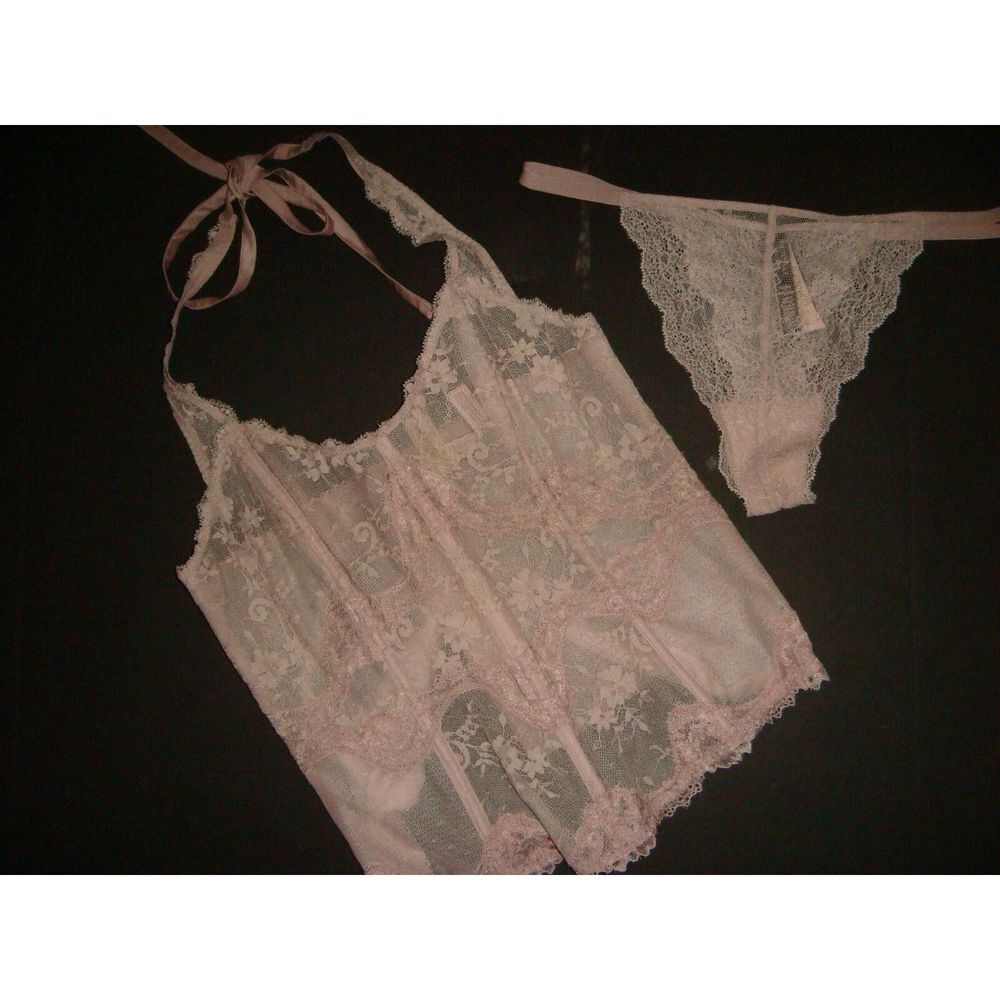 Victoria's Secret unlined 36DD BRA SET+L CORSET+TEDDY lace pink VELOUR velvet - Picture 8 of 10